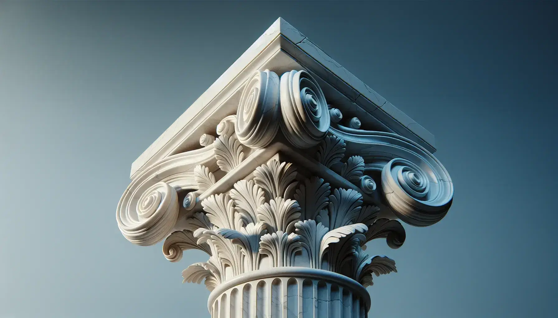 Capitello corinzio in marmo bianco con foglie di acanto e volute, sotto un cielo azzurro, dettaglio architettonico classico.