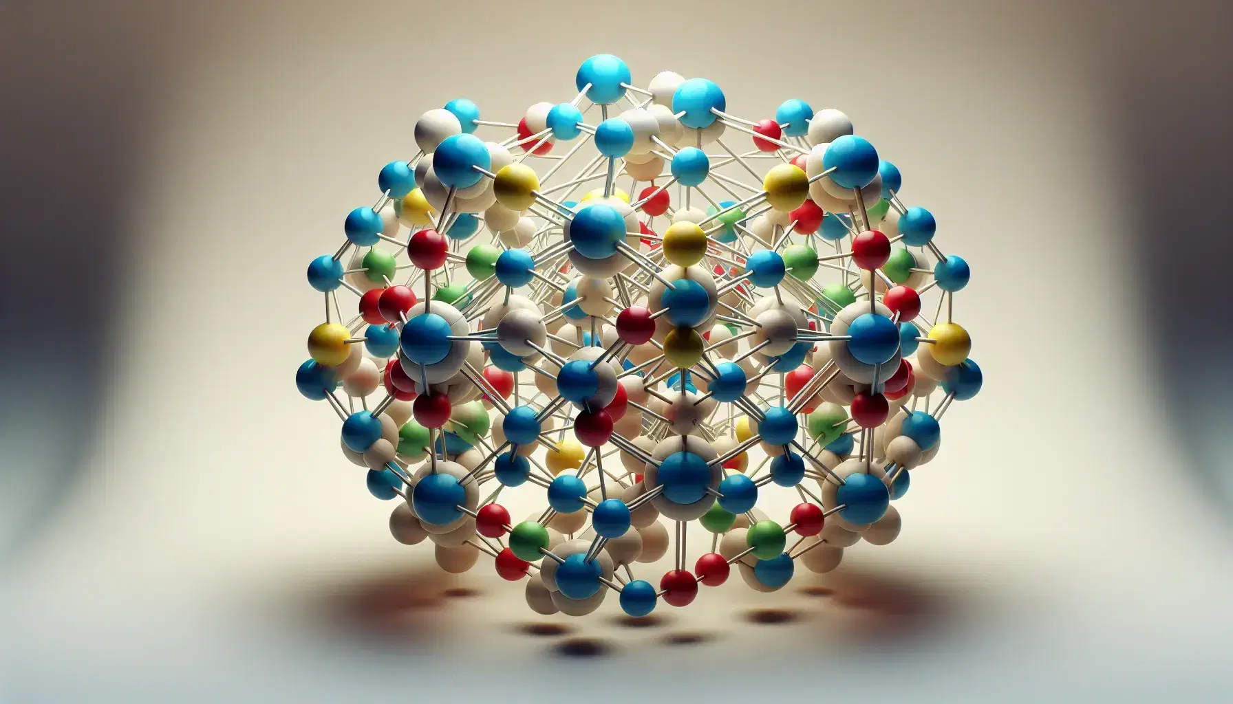 Estructura molecular tridimensional con esferas de colores azul, rojo, verde y amarillo unidas por varillas blancas sobre fondo neutro.
