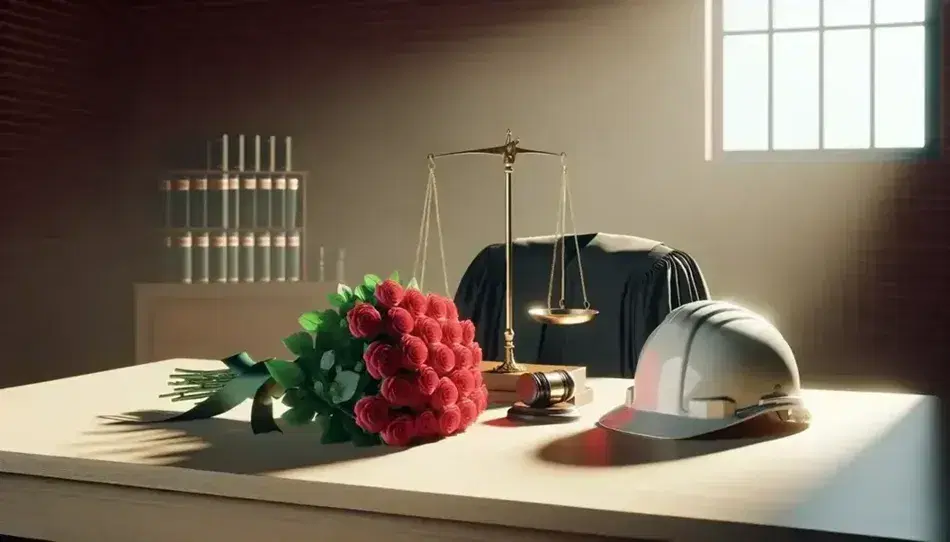 Scrivania in legno chiaro con bilancia della giustizia in ottone, toga da giudice piegata, casco da cantiere bianco e bouquet di rose rosse.