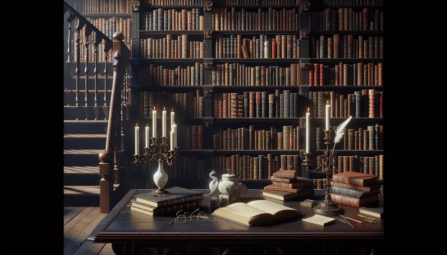 Biblioteca antigua con estantes de madera oscuros llenos de libros, mesa central con candelabro de bronce y escalera de madera al fondo.