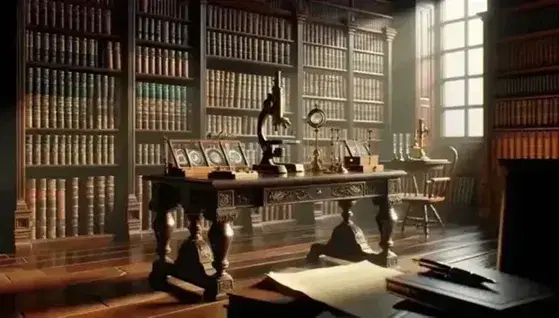 Escena de biblioteca antigua con mesa de madera oscura, microscopio de latón, diapositivas de muestras biológicas, estantería repleta de libros y pluma fuente junto a papel en blanco.