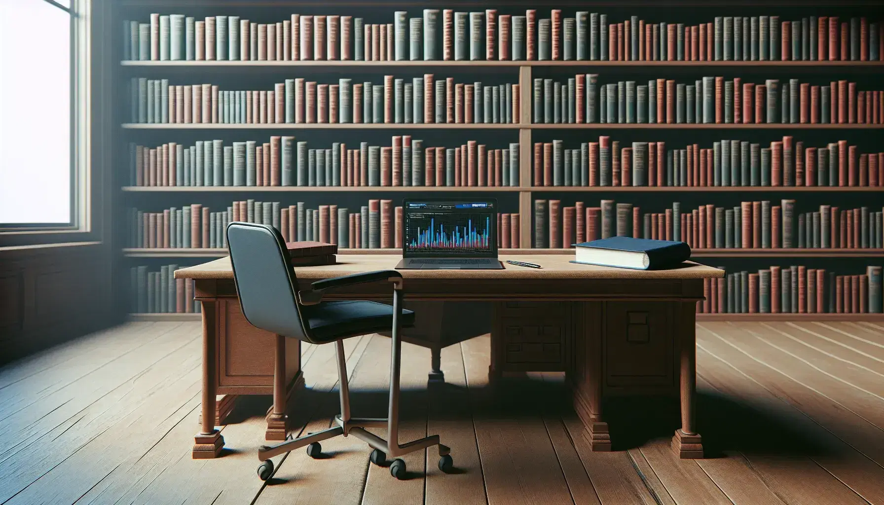 Biblioteca tranquila con estantes de libros, mesa de madera con laptop mostrando gráficos y cuaderno con bolígrafo, silla de oficina negra y luz suave.
