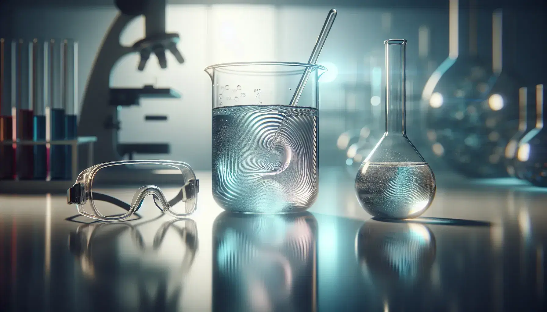 Laboratory with glass beaker and clear liquid, stirring rod, safety glasses and flask with blue-green solution.