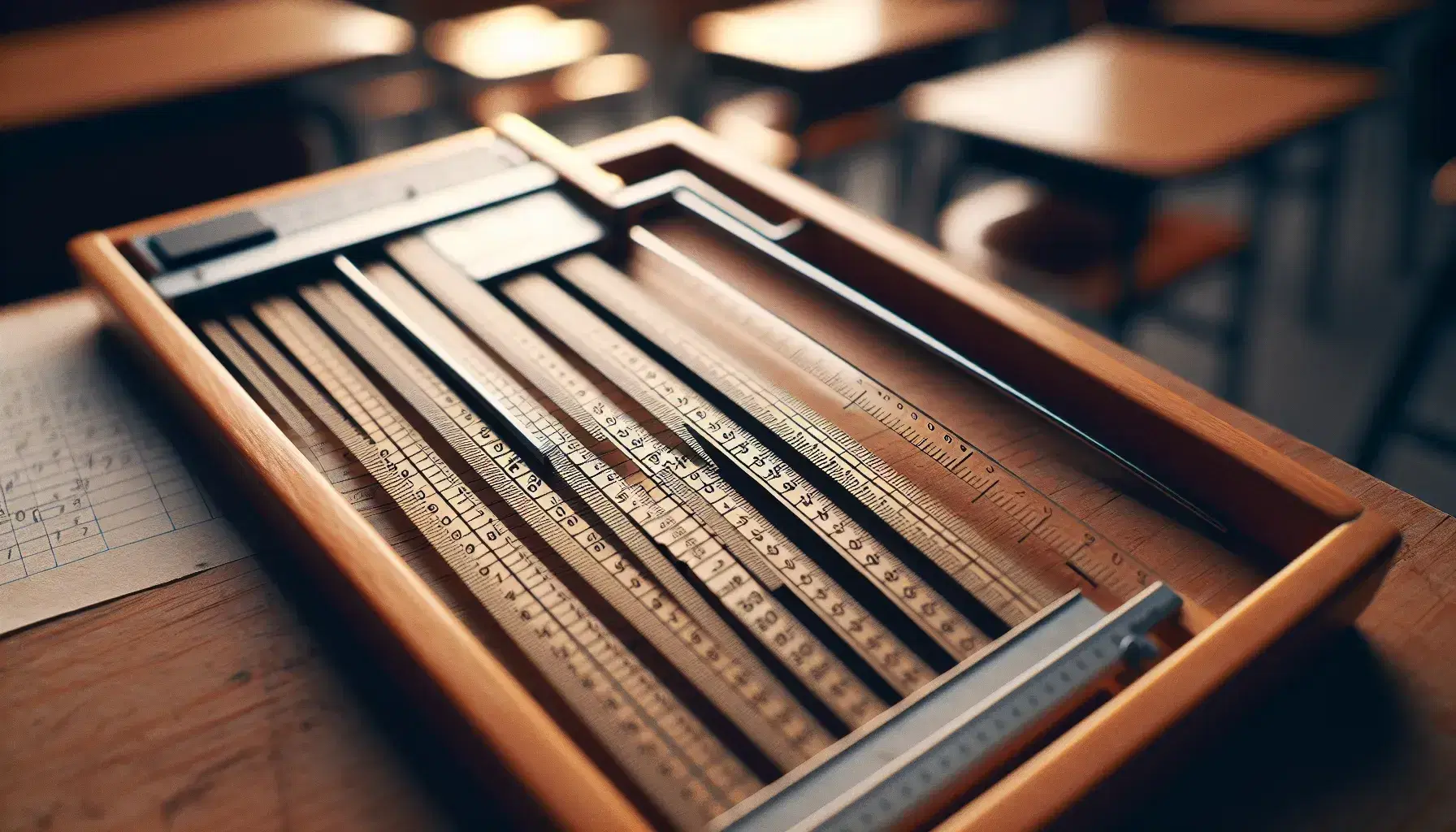 Close-up view of a wooden slide rule with a transparent cursor, set against a blurred classroom backdrop, highlighting its etched scales and warm tones.