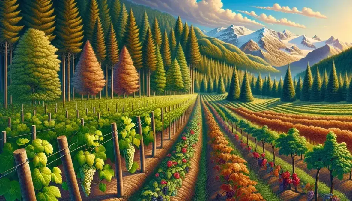 Vigneto in primo piano con uva matura, foresta mista al centro e montagne innevate sullo sfondo sotto un cielo azzurro.