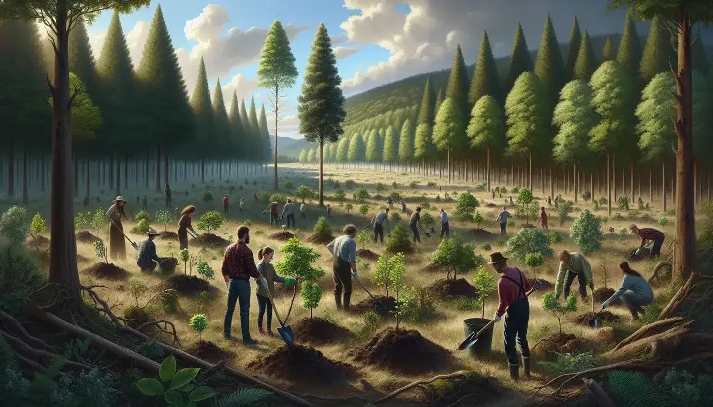 Grupo de personas de diversas edades plantando árboles en un campo abierto, con un bosque maduro en el fondo y un cielo despejado, reflejando la reforestación y conservación ambiental.