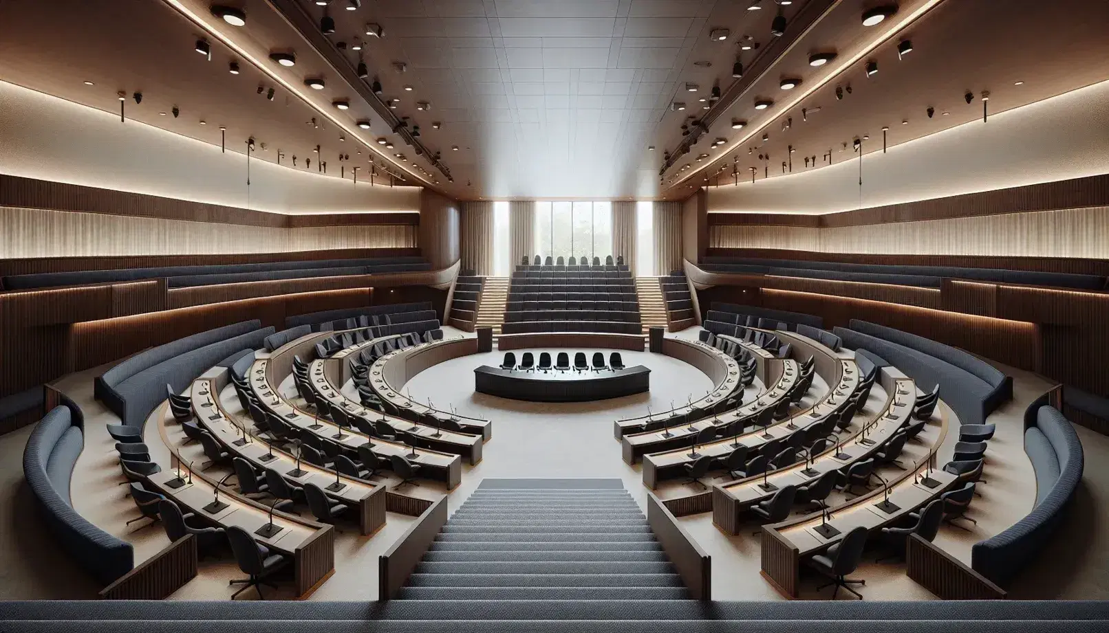 Sala conferenze vuota con panche semicircolari blu, scrivanie centrali in legno, schermo spento e illuminazione soffusa da faretti.