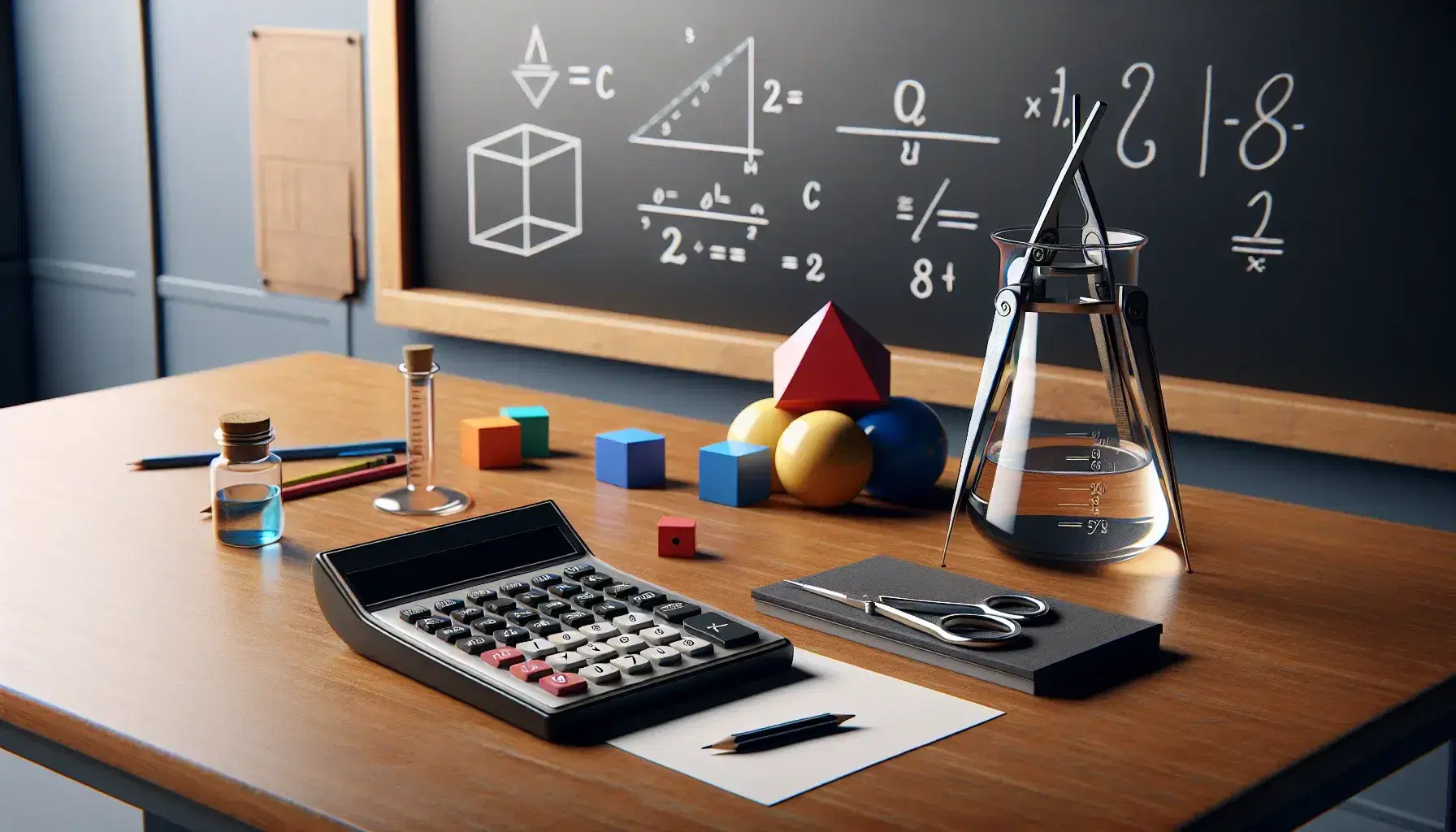 Classroom desk with calculator, geometric shapes, beaker with leaf, compasses, blank paper, and a clean chalkboard, bathed in natural light.