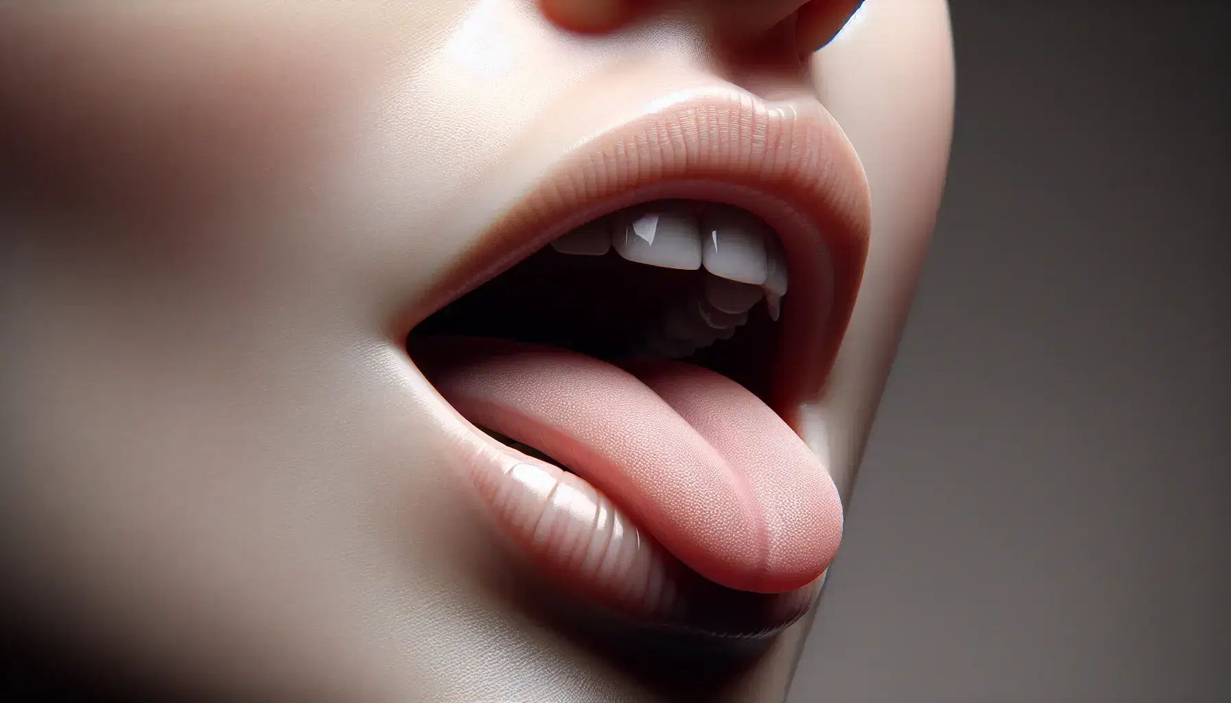 Close-up profile view of a human mouth slightly open, showing white aligned teeth and pink tongue touching the soft palate against a gray background.