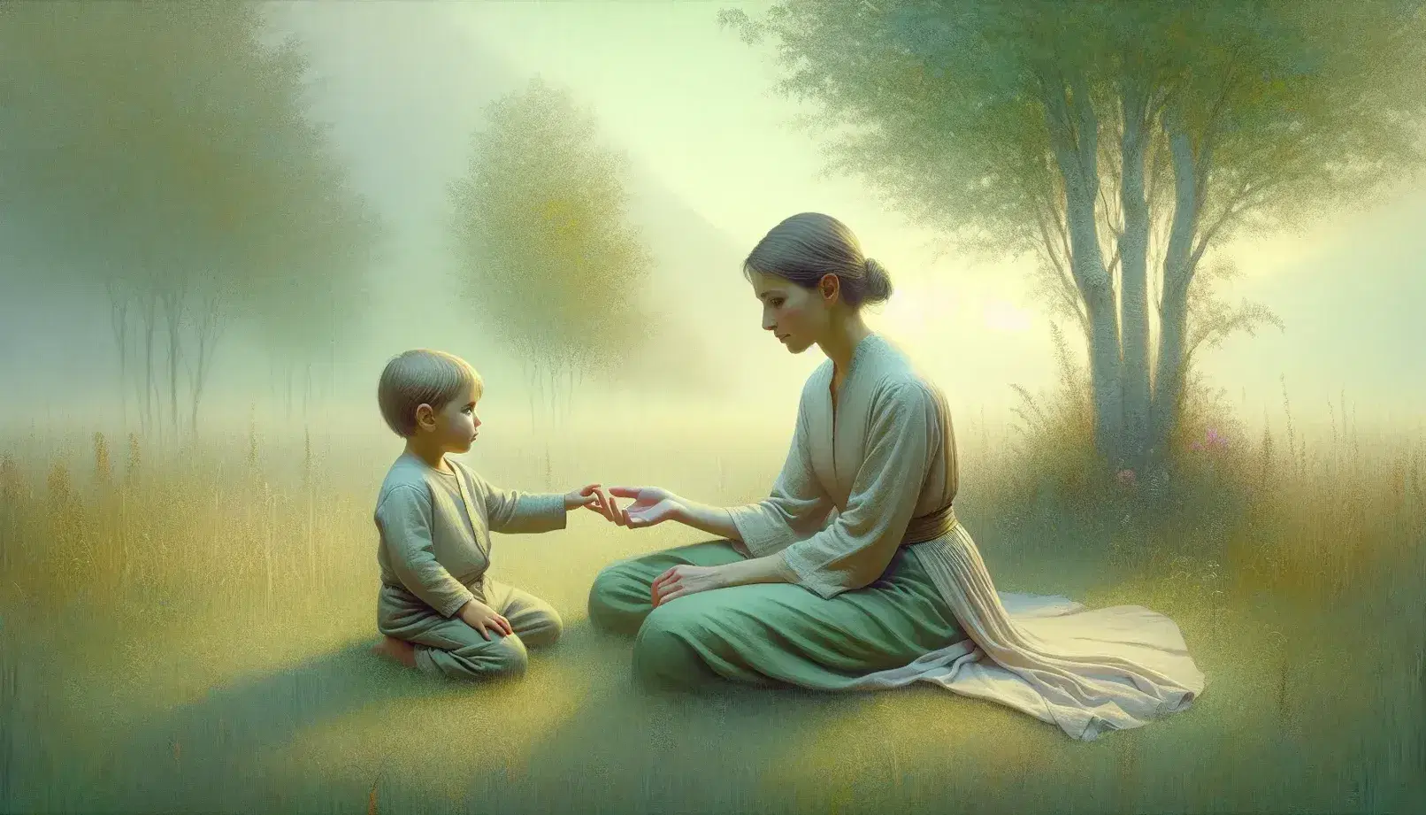 Assistant and child interact peacefully on a green lawn, with trees and blue sky in the background, in a warm and safe atmosphere.