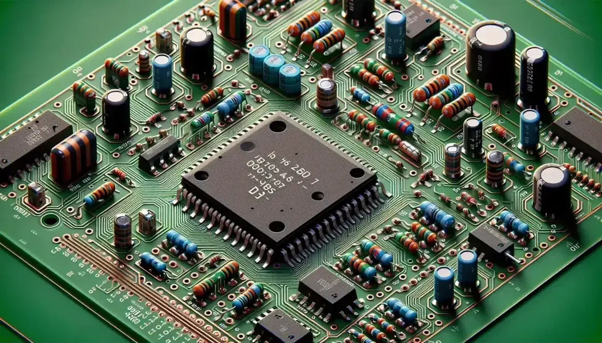 Close-up of a green electronic board with black integrated circuit, blue and orange capacitors, resistors and copper traces.