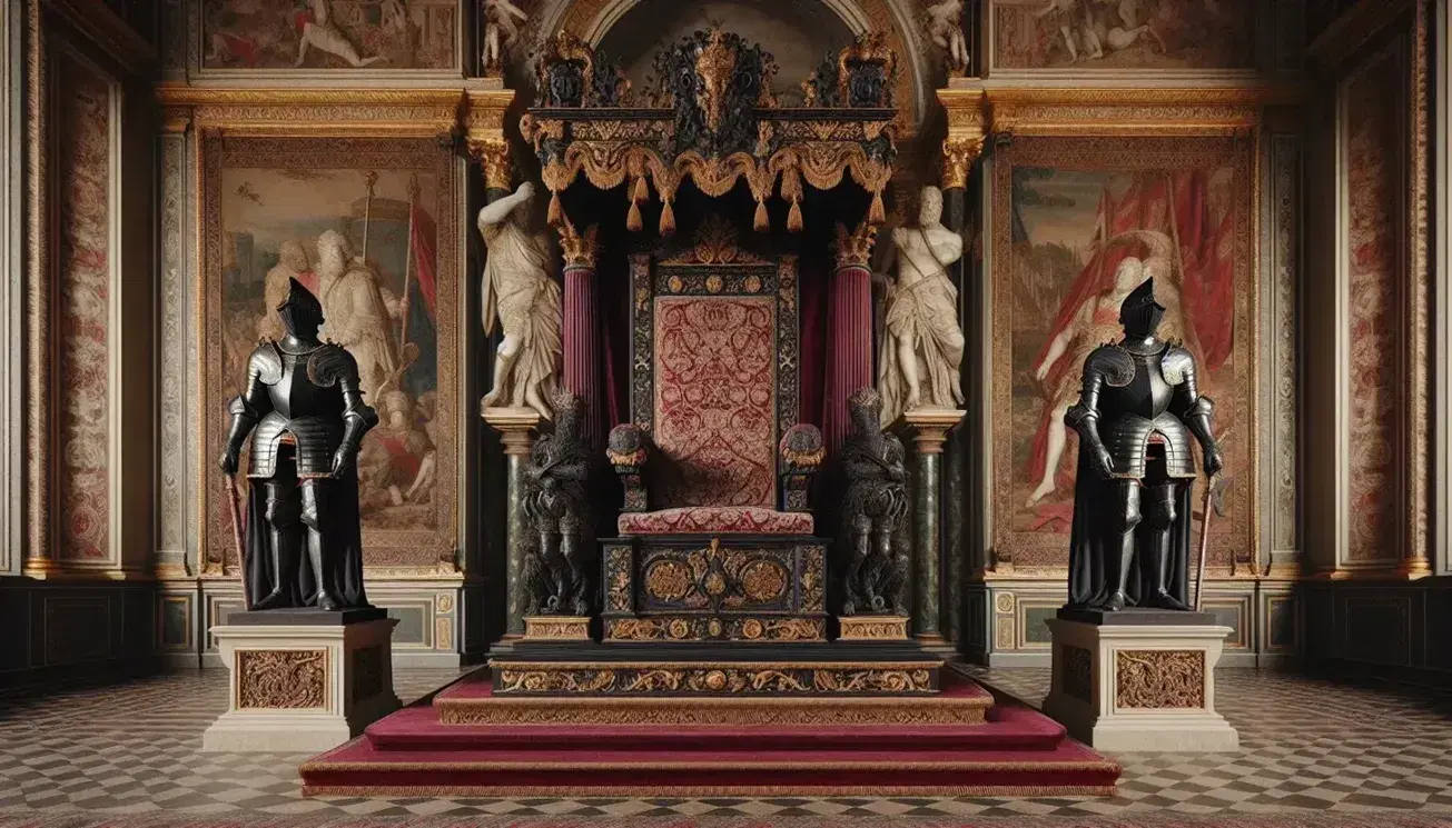 Opulent European throne room with a dark wood and gold leaf throne, red velvet upholstery, flanked by marble knight statues and a rich tapestry.