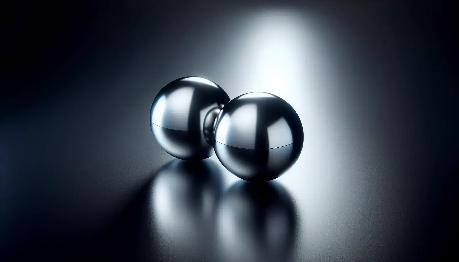 Two polished steel spheres on a reflective black surface with soft shadows and a gradient background, highlighting precision engineering.