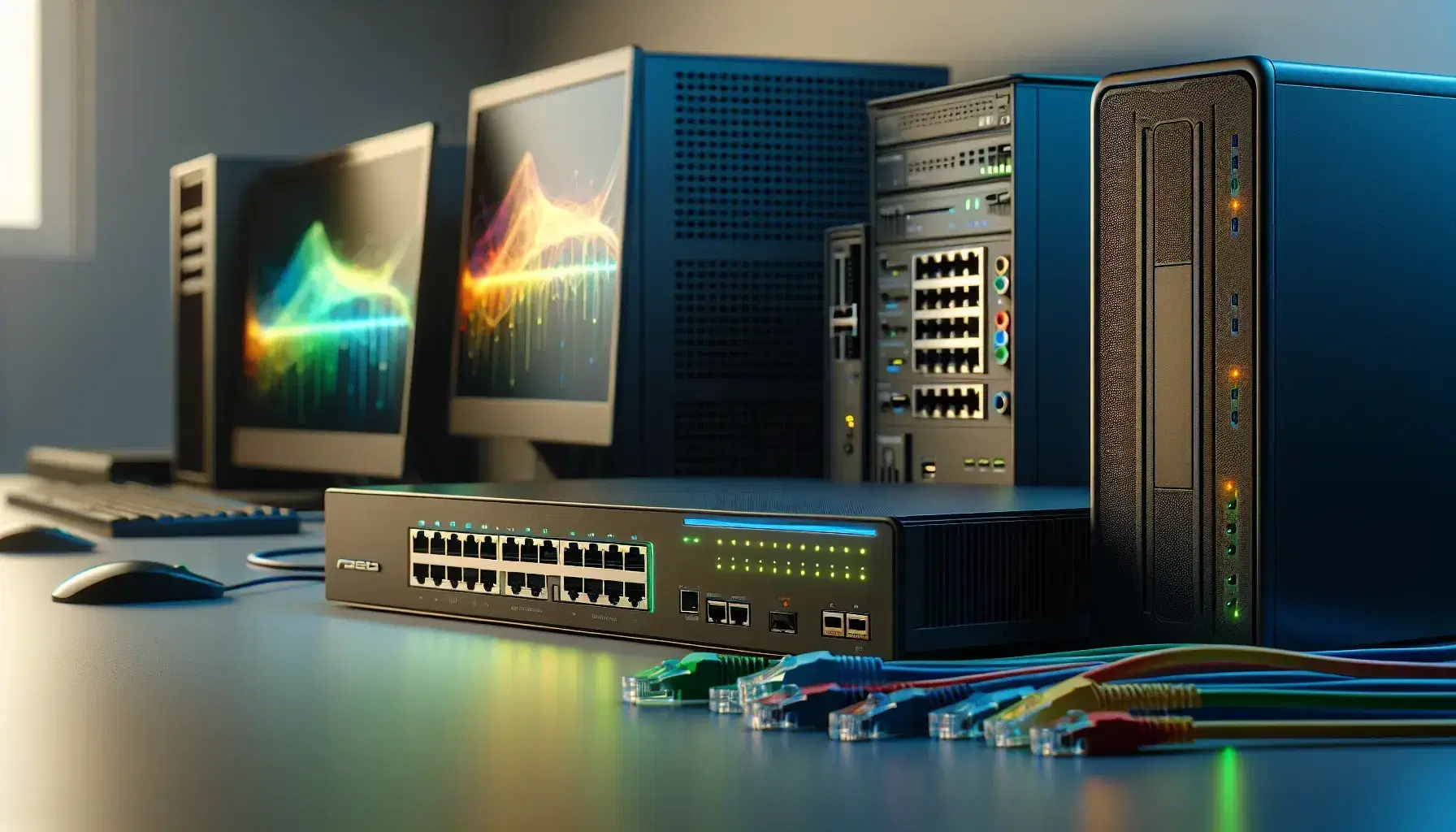 Equipo de red con router negro, switch con cables Ethernet coloridos y computadora de escritorio gris junto a monitor y laptop plateada en fondo claro.