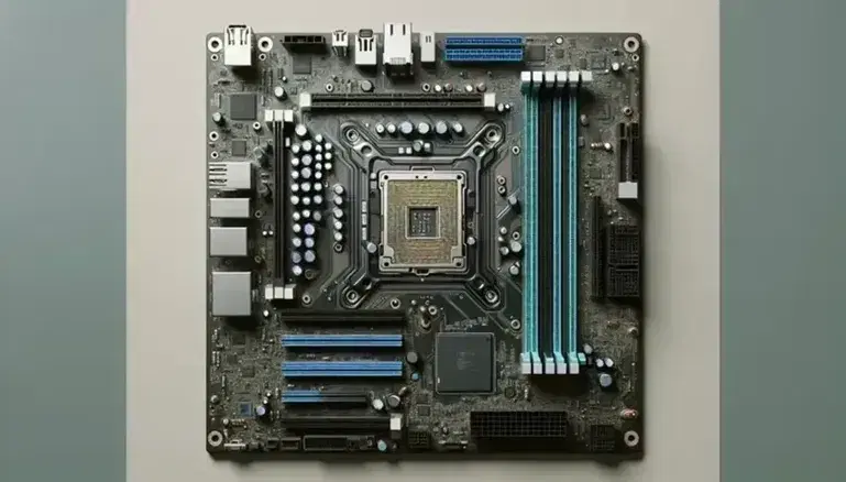 Scheda madre computer con slot RAM, socket CPU, connettori per storage, porte I/O e slot espansione su sfondo neutro.