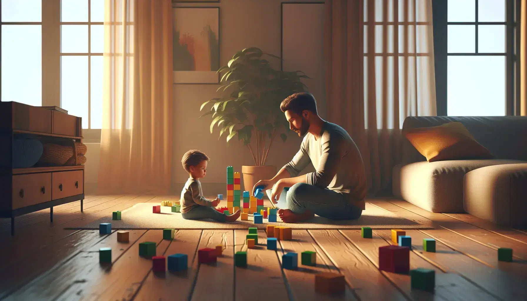 Adulto y niño sentados en suelo de madera jugando con bloques de construcción coloridos en una habitación iluminada naturalmente.