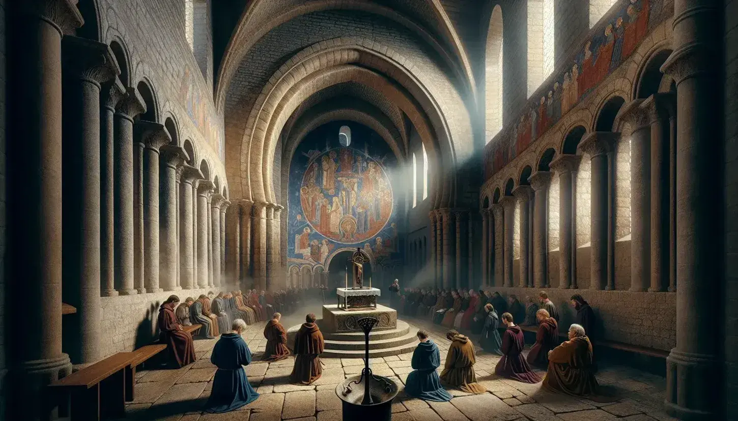 Scena medievale in chiesa romanica con fedeli in preghiera, altare con crocifisso, affreschi e brucia-incenso sotto luce filtrante.