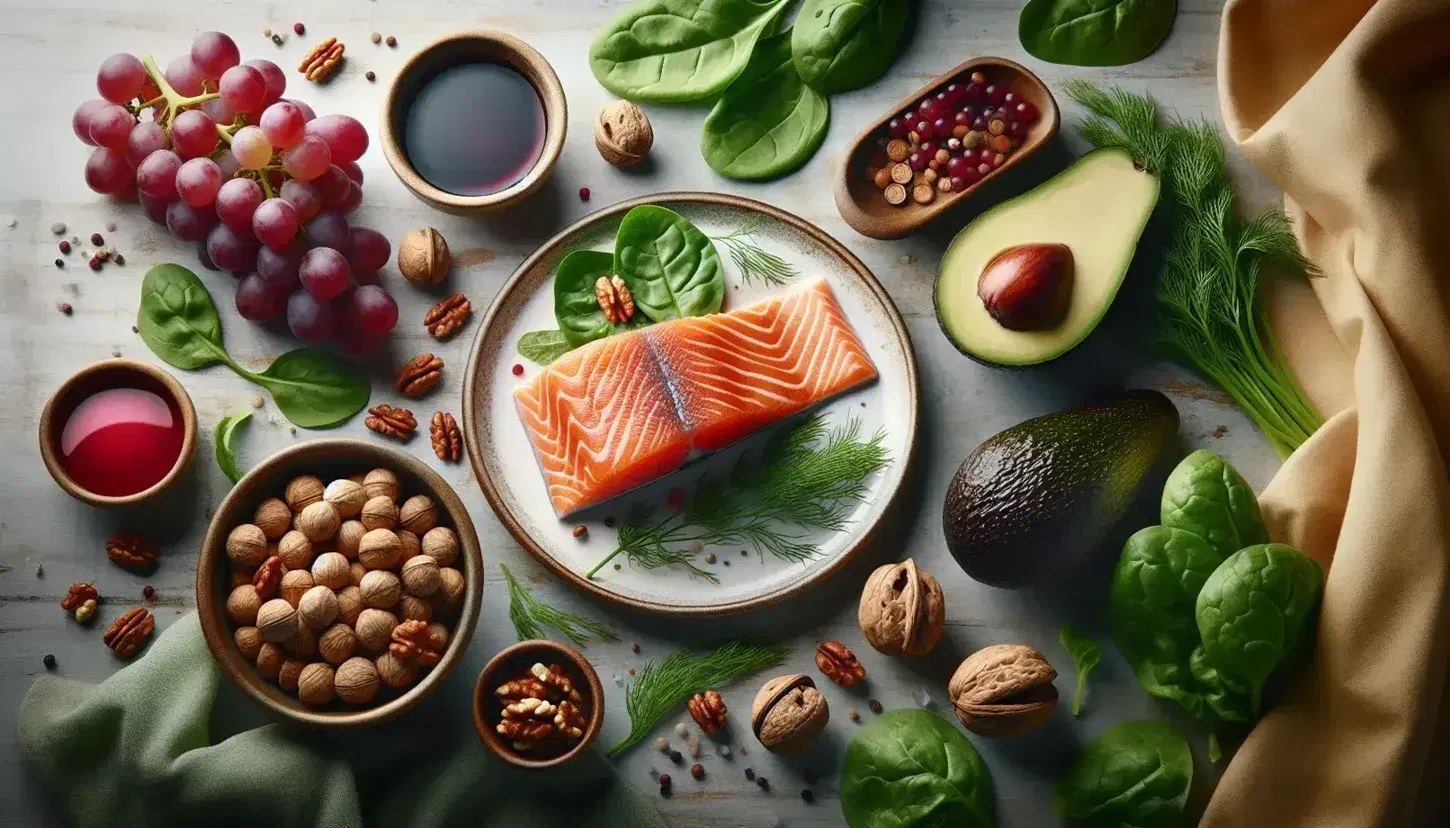 Plato de salmón rosado con eneldo, nueces marrones, medio aguacate y uvas rojas frescas sobre fondo de madera clara, acompañado de espinacas verdes.