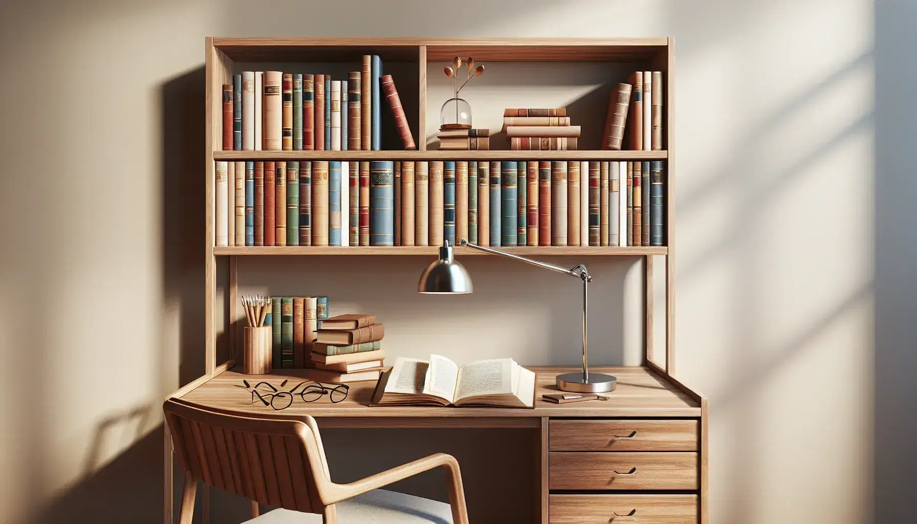 Estantería de madera con libros de tapa dura en colores variados, mesa con libro abierto, gafas y lámpara, junto a silla con cojín azul.