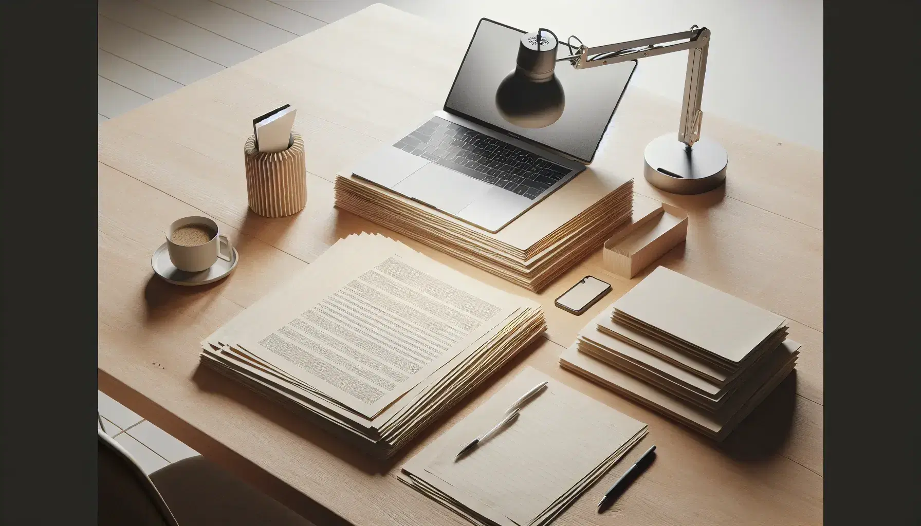 Mesa de madera clara con papeles, libro abierto, laptop plateado, taza de café y gafas, bajo una lámpara suave y pared clara al fondo.