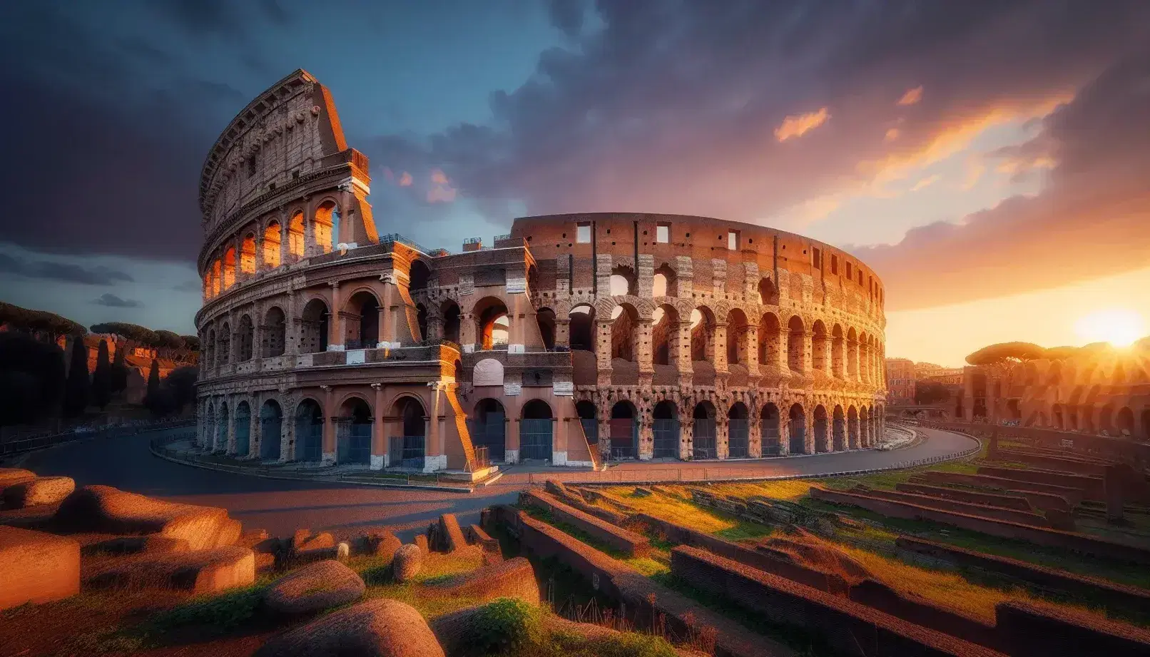 Colosseo al tramonto con sfumature arancioni e rosa sulle antiche arcate, cielo azzurro sfumato in viola, senza persone.