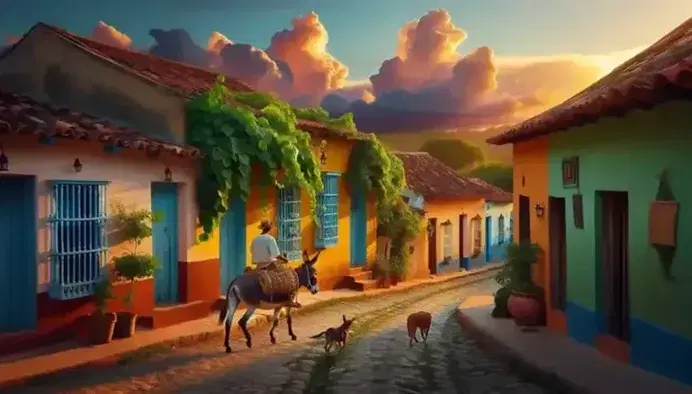 Atardecer en pueblo latinoamericano con calle empedrada, casas coloridas, hombre en burro, perro siguiéndolos y cielo rosado.
