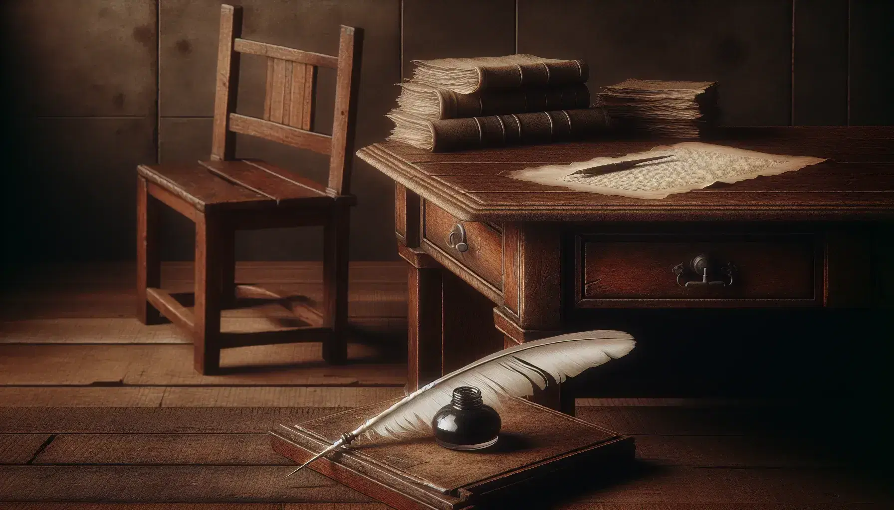 Antique colonial wooden desk with quill pen and inkwell, surrounded by bound parchment papers and a simple chair, set against a dark green backdrop.
