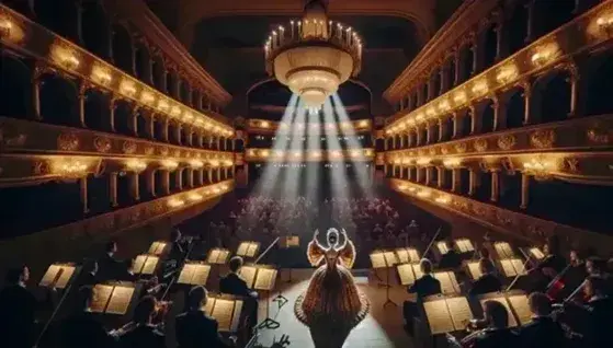 Cantante lirica in costume d'epoca su palco illuminato, con orchestra in primo piano e sedili in velluto rosso in teatro d'opera storico.