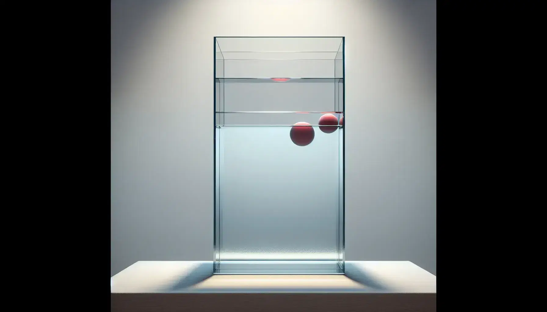 Clear glass aquarium with a metal divider creating two sections, a red rubber ball floats on the right side, set against a light grey background.