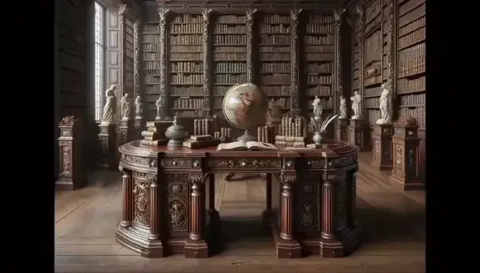 Biblioteca antica con scrivania in legno scuro, globo antico, calamaio d'argento, libri rilegati in pelle, scaffali colmi e statue marmoree.