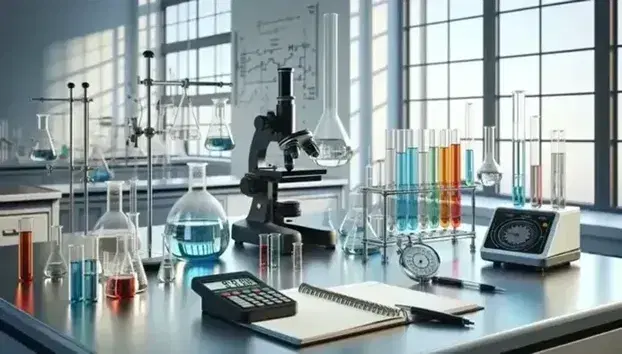 Laboratorio scientifico illuminato con tavolo contenente microscopio, bilancia analitica digitale, cronometro, provette colorate, becher e cilindro graduato.