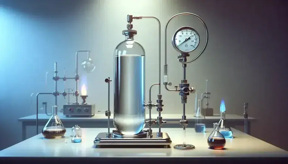 Laboratory with glass pressure vessel connected to pressure gauge, blue Bunsen flame under flask with colored liquid, soft lighting.