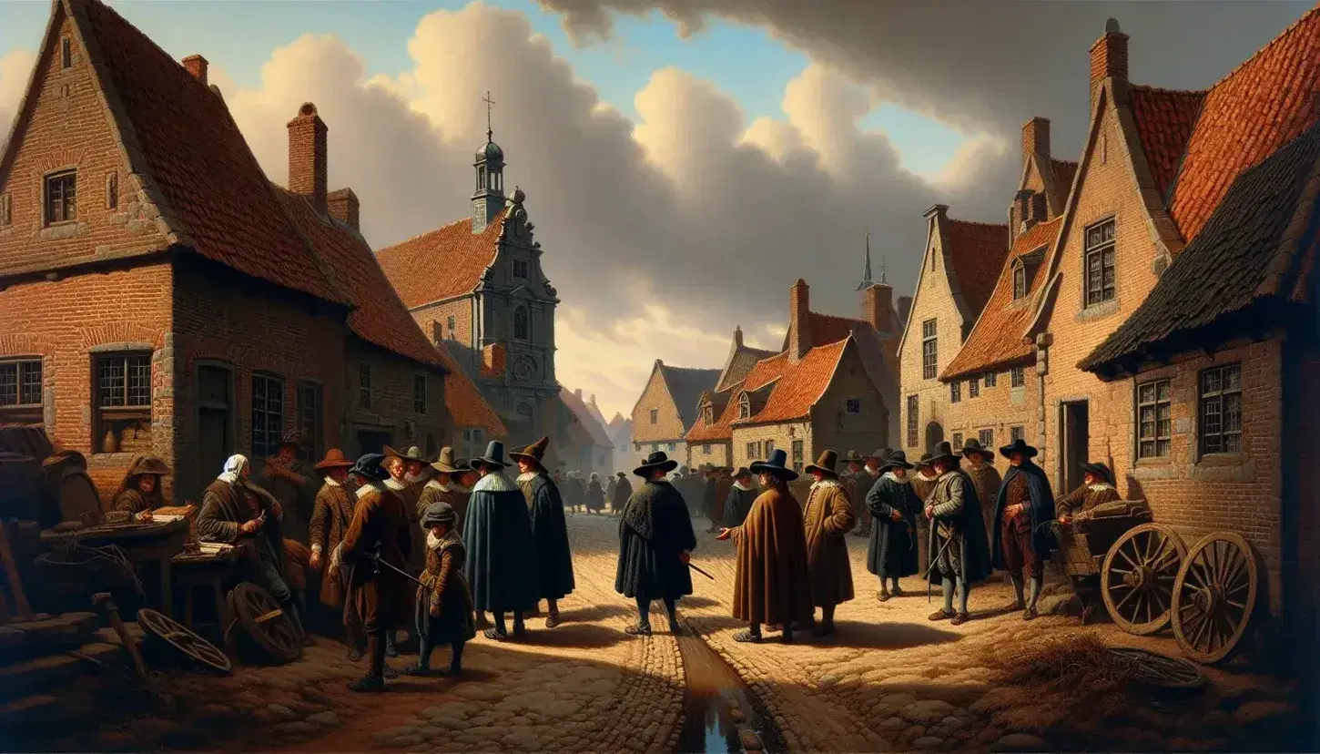 Scena di villaggio del XVII secolo con uomini in costume d'epoca che conversano su strada sterrata, chiesa in lontananza e cielo nuvoloso.