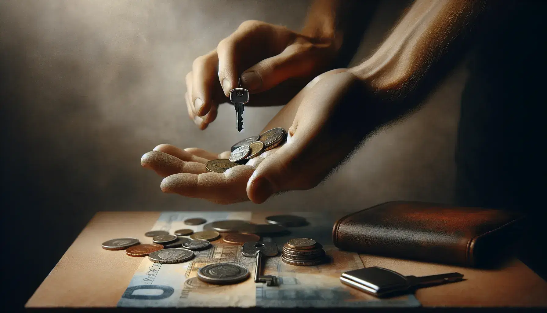 Manos intercambiando llave por monedas con fondo desenfocado, sugiriendo una transacción comercial sin elementos distractores.