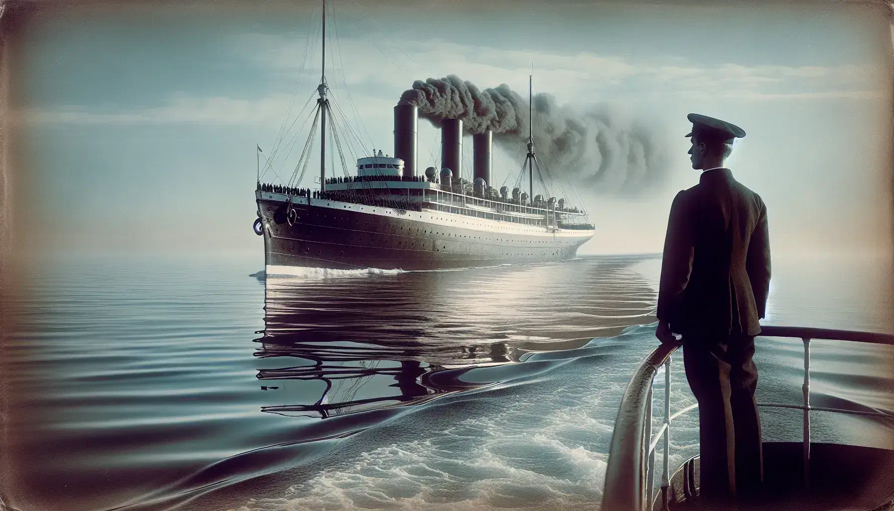 Vintage steamship with smokestacks sails calm blue sea, man in naval uniform at railing, serene sky above, reflecting sunlight on water.