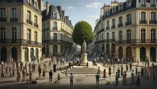 Diverse crowd in a French square with Middle Eastern men, South Asian women, Hispanic children, Haussmann-style buildings, and a leafy tree.