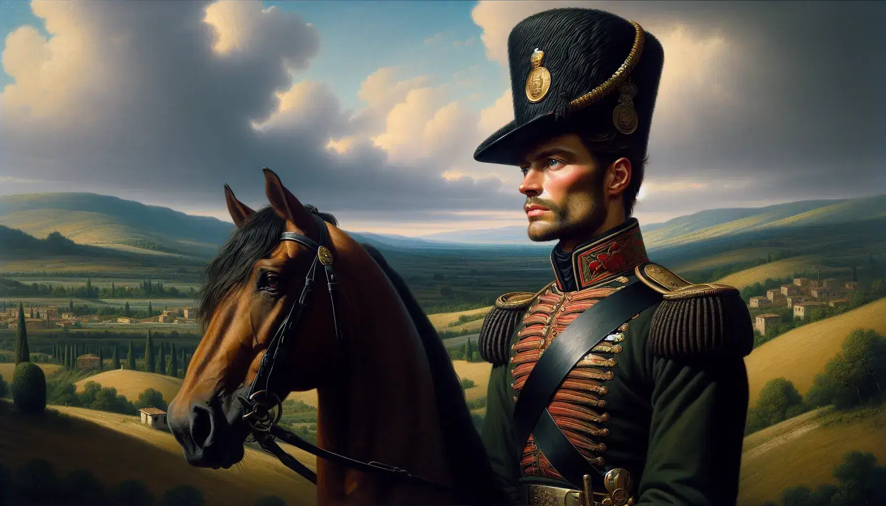 Uomo in uniforme militare verde e bicorne su cavallo marrone, sfondo paesaggio italiano con colline e cielo nuvoloso.