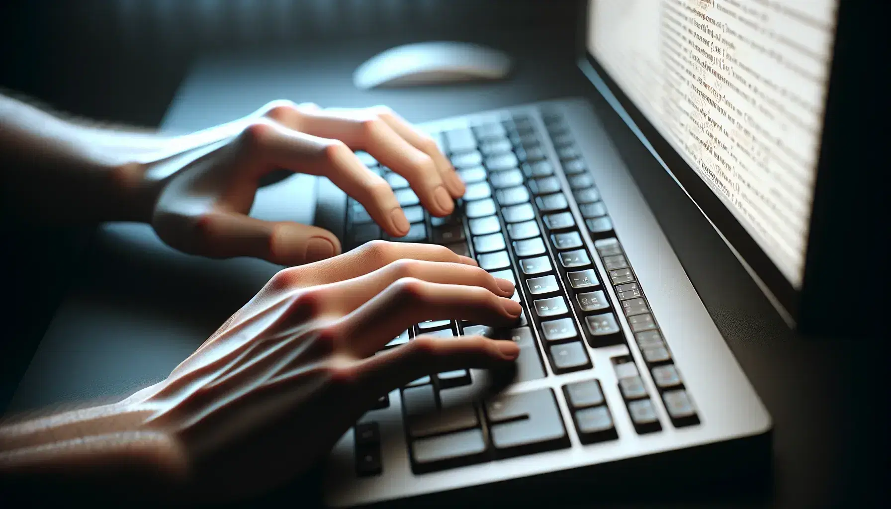 Hands resting on QWERTY keyboard without letters while typing, background with turned on computer screen and empty text editor window.