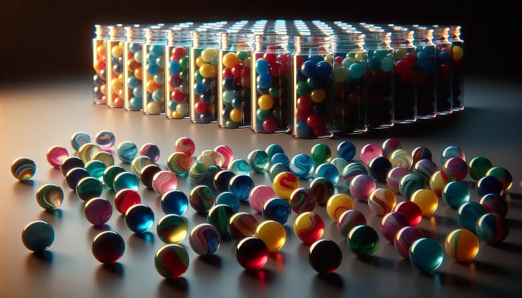 Close up of opaque colored marbles on matte surface with blurred transparent jars in the background containing marbles sorted by color.
