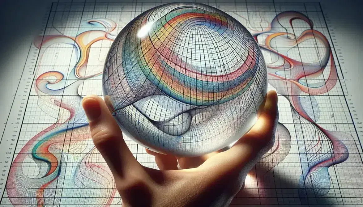 Hand holding a glass sphere over a colorful graph paper with intricate curves and lines, magnifying the patterns beneath.