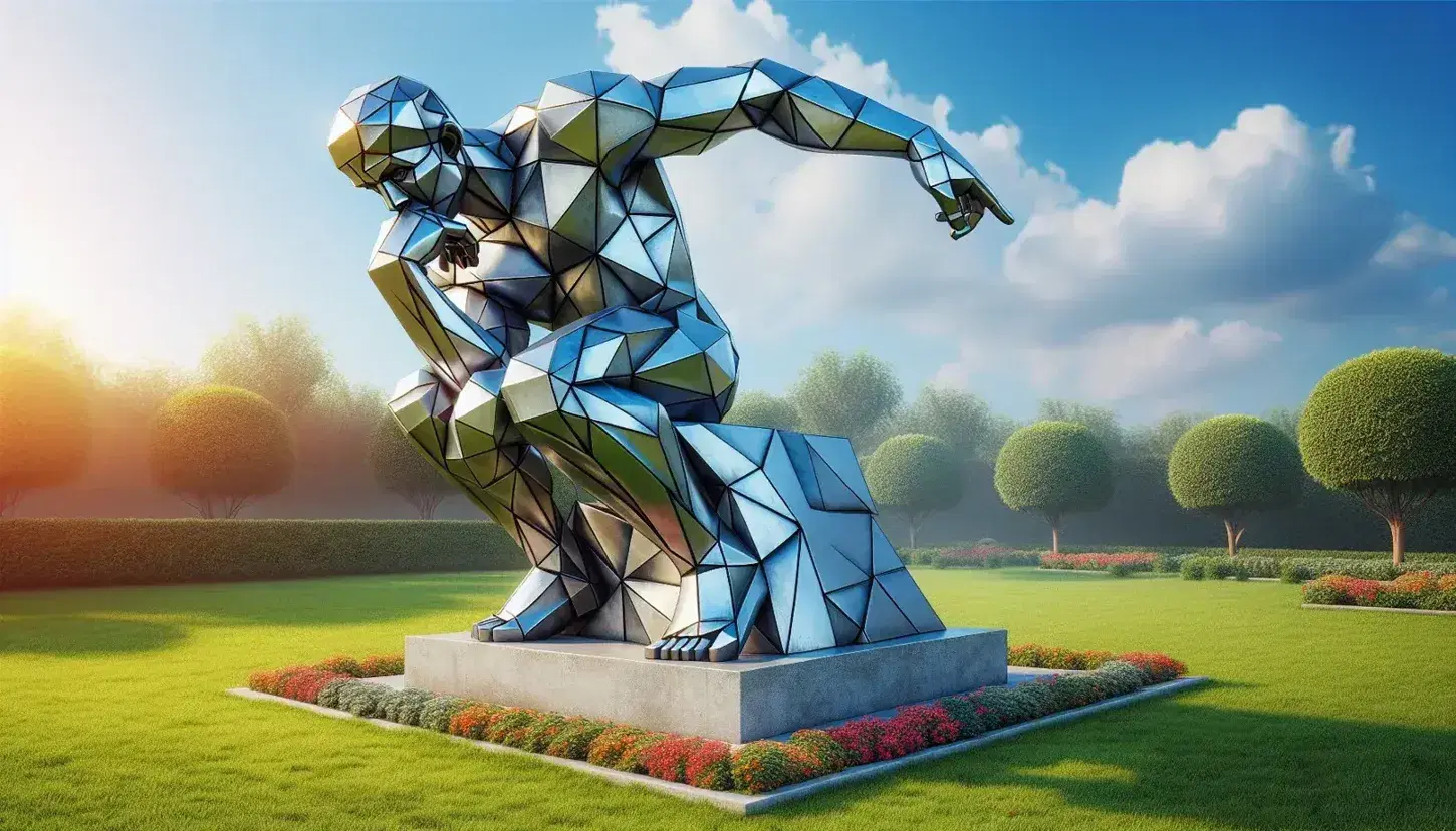 Escultura metálica abstracta con forma de figura humana estilizada en postura dinámica, ubicada en jardín cuidado con césped verde y flores coloridas, bajo cielo azul.