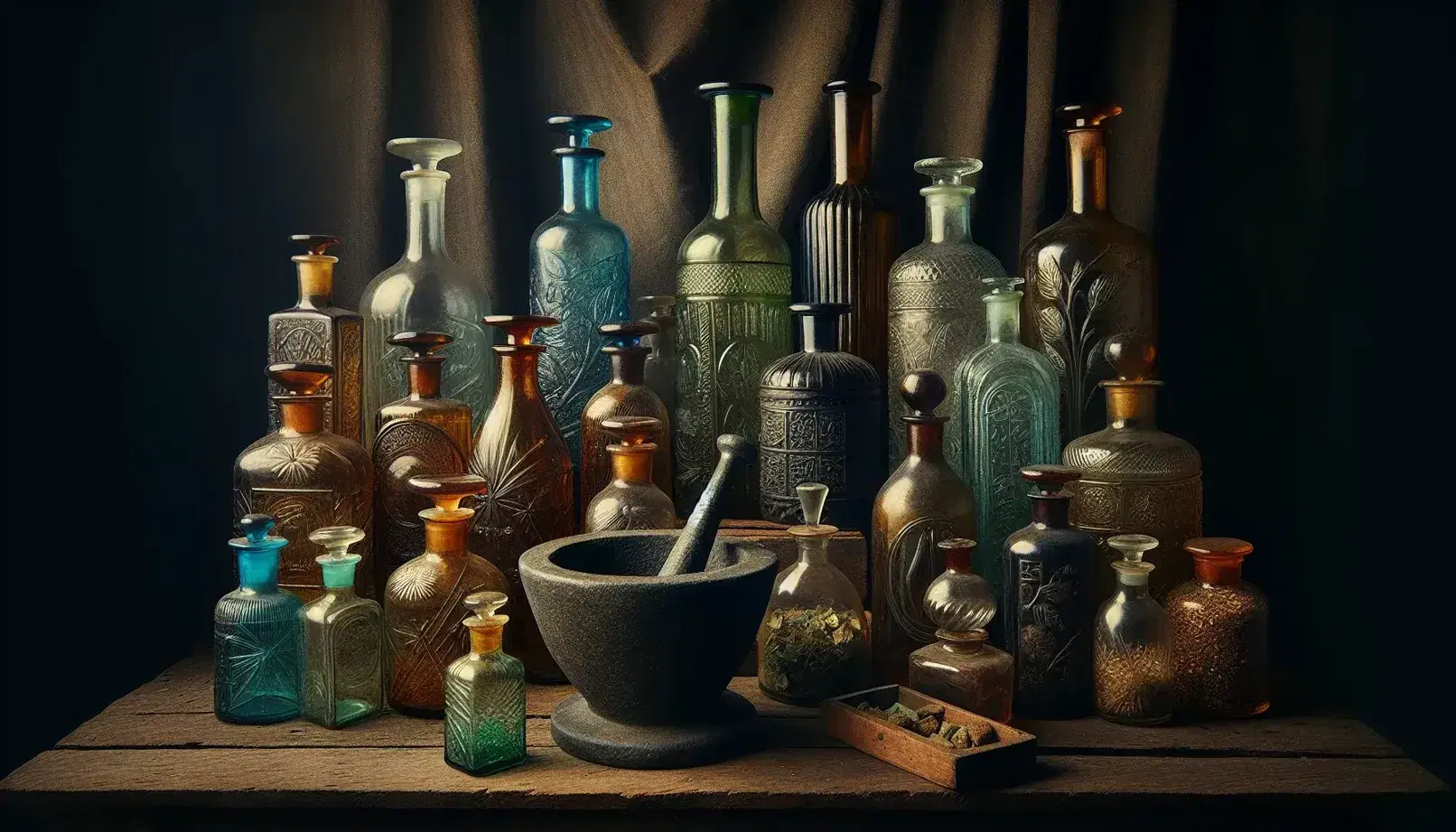 Antique glass bottles in various shapes and hues on a wooden surface, with a stone mortar and pestle, and a box of dried herbs and roots.