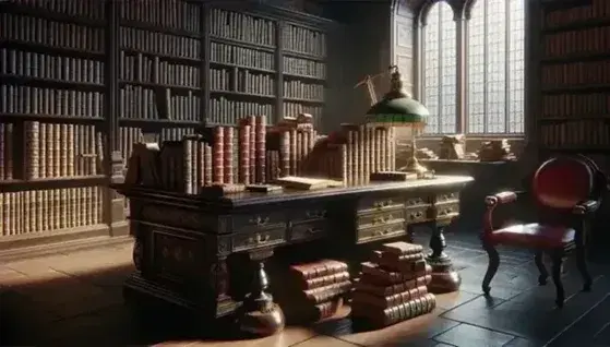 Biblioteca antica con scrivania in legno scuro, libri rilegati in pelle, lampada in ottone e scaffali colmi di volumi, senza persone.