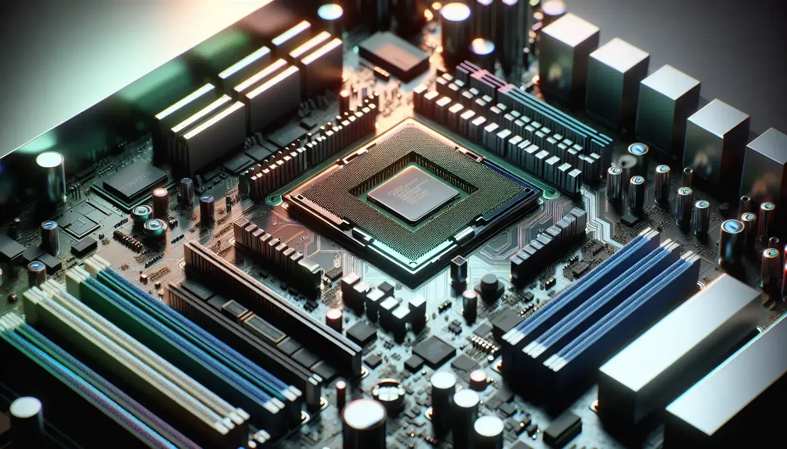 Close-up of a computer motherboard with silver CPU, RAM modules, copper paths, coin cell battery and colorful cables.
