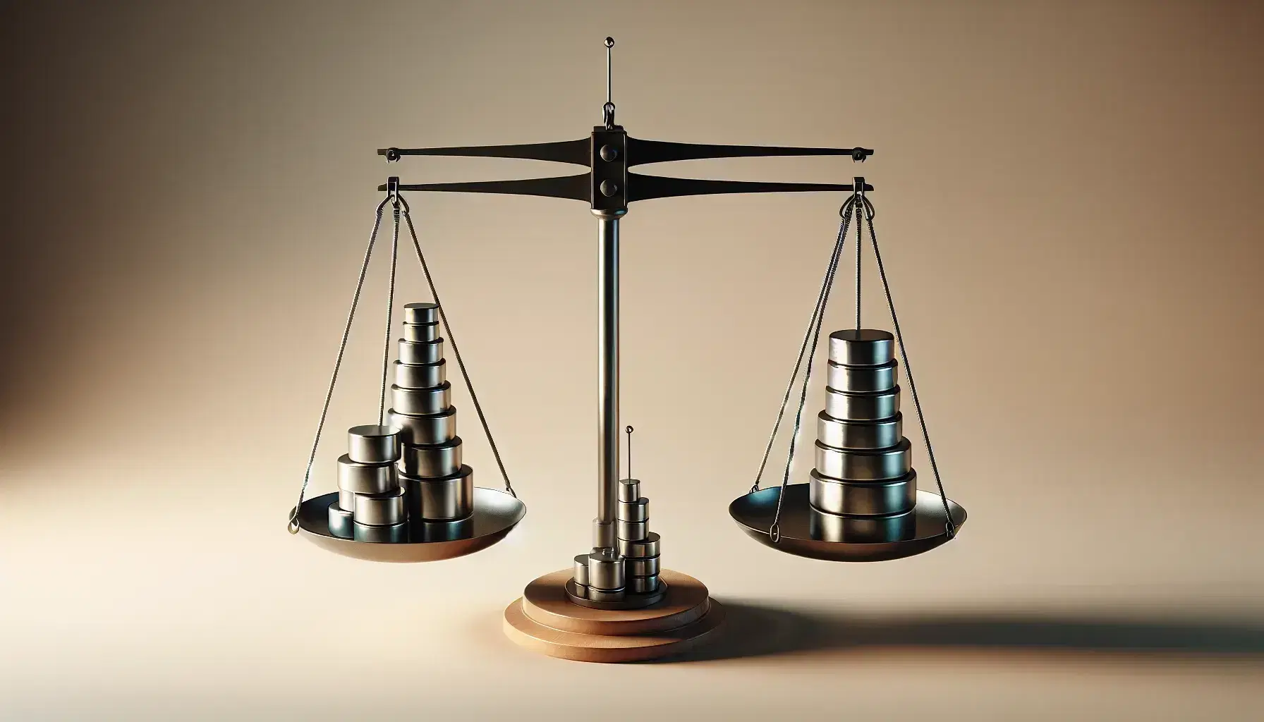 Bilancia a bracci uguali in equilibrio con pesi cilindrici impilati su un piatto e massa singola equivalente sull'altro, su sfondo omogeneo.