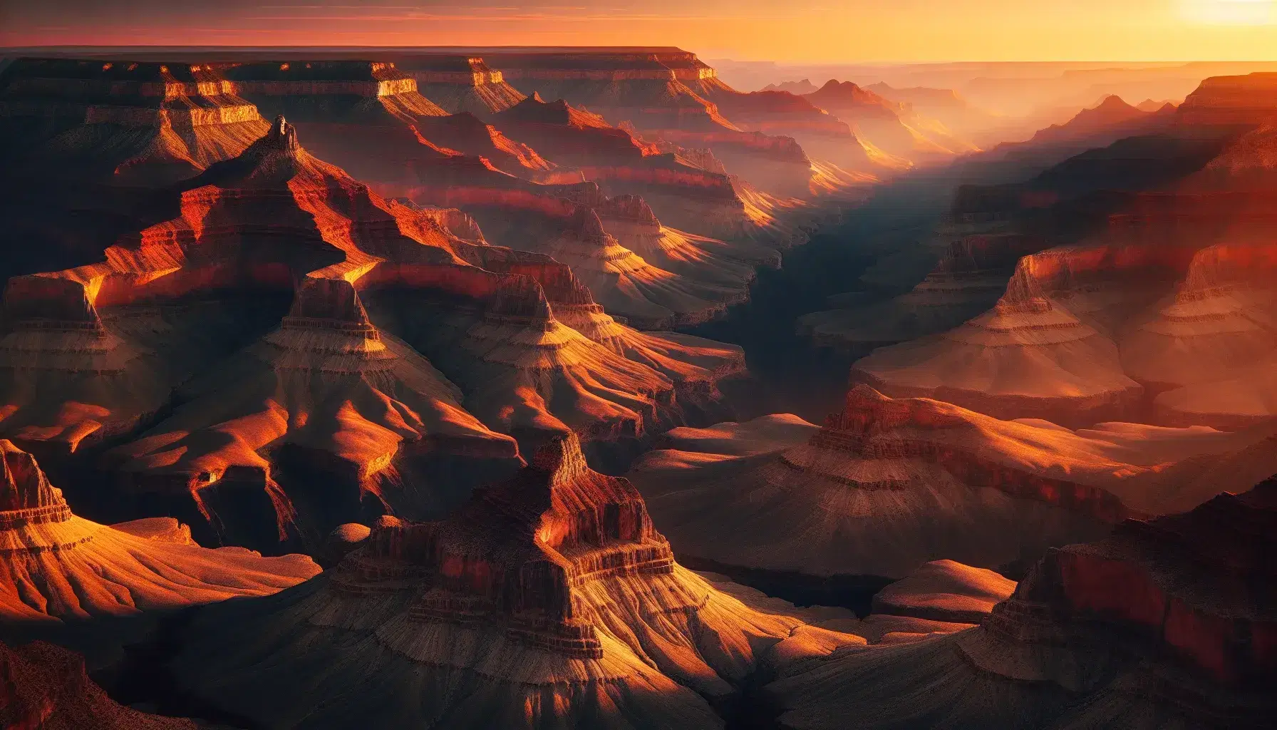 Vista aerea del Grand Canyon al tramonto con sfumature calde, ombre allungate e cielo gradiente da giallo a blu.