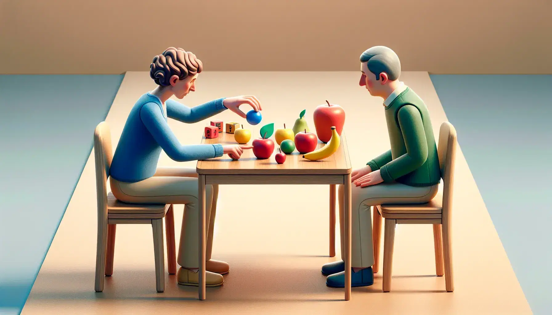 Speech therapy session with a therapist and patient focusing on colorful objects, including fruit and a ball, on a wooden table in a warmly lit room.