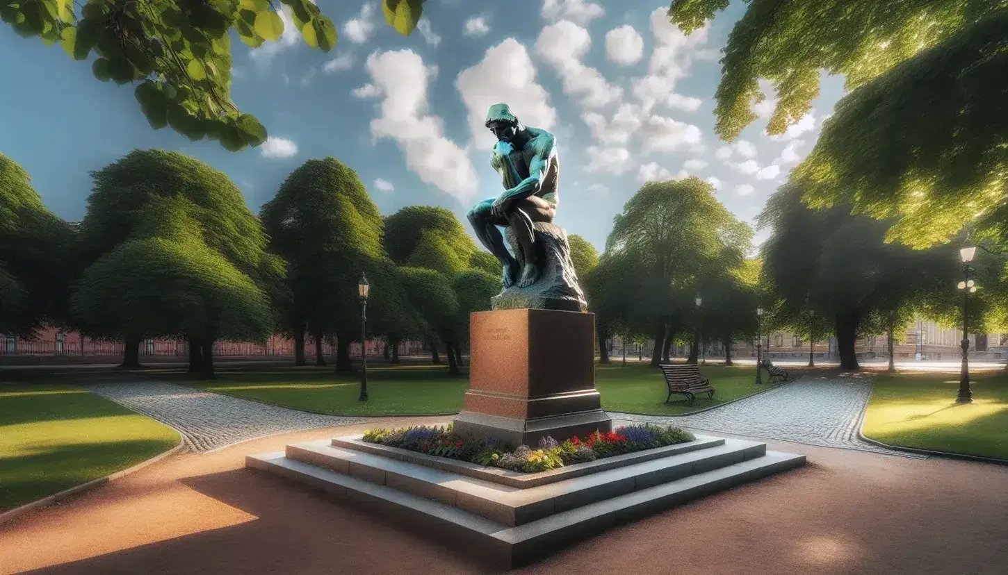 Estatua de bronce de hombre pensativo con mano en la barbilla en parque soleado, rodeado de bancos, árboles y jardín floral bajo cielo azul.
