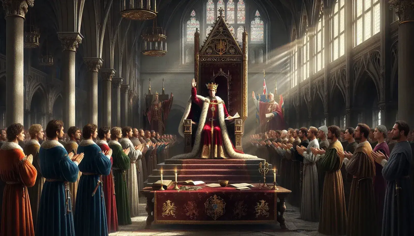 Sovrano in mantello rosso e corona d'oro siede su trono in sala medievale, con nobili giuranti e consiglieri attorno a tavolo con pergamene.