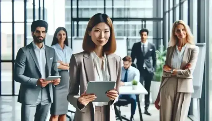 Asian woman with tablet stands with diverse business team in a bright, modern office with large windows, white desks, ergonomic chairs, and green plants.